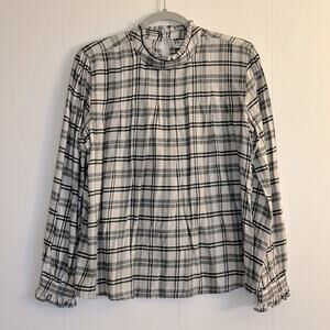 Rails Ariana Blouse Size M Ivory Onyx Plaid Flannel Ruffle Cottagecore Preppy